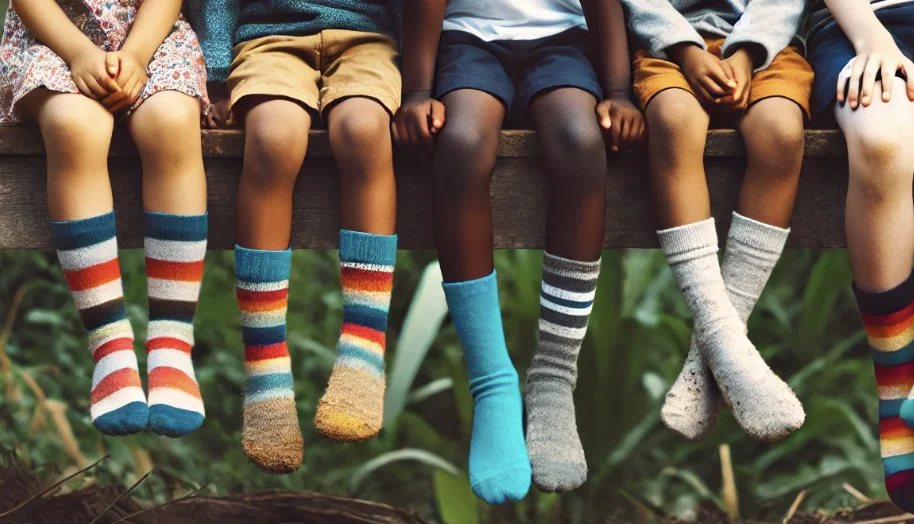 AI generated image of children sitting on a bench-showing only legs and feet