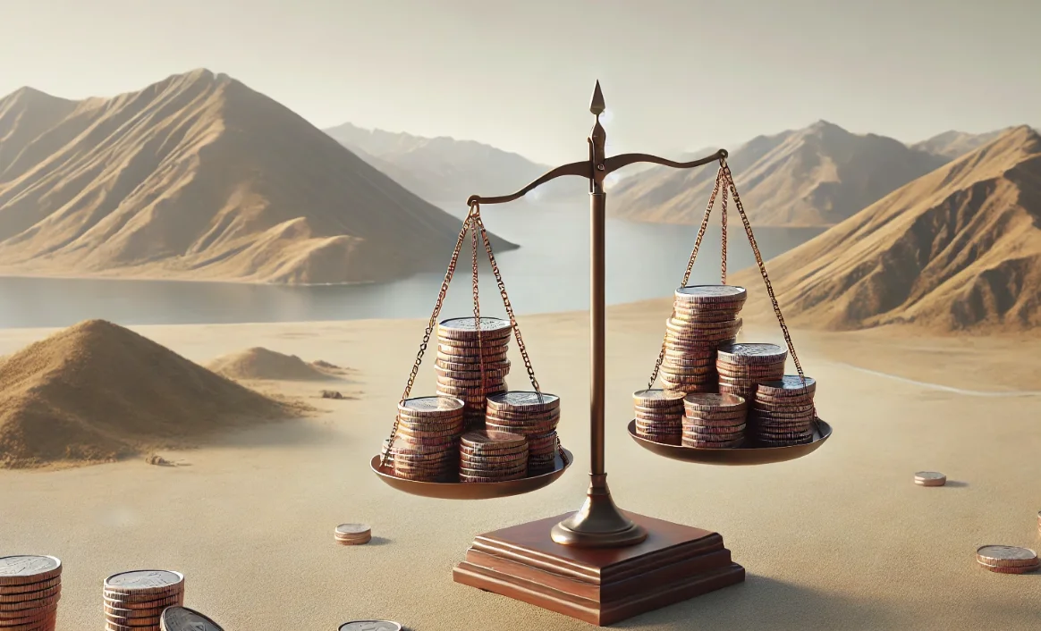 AI generated image of scales balanced holding coins against a backdrop of sand and hills