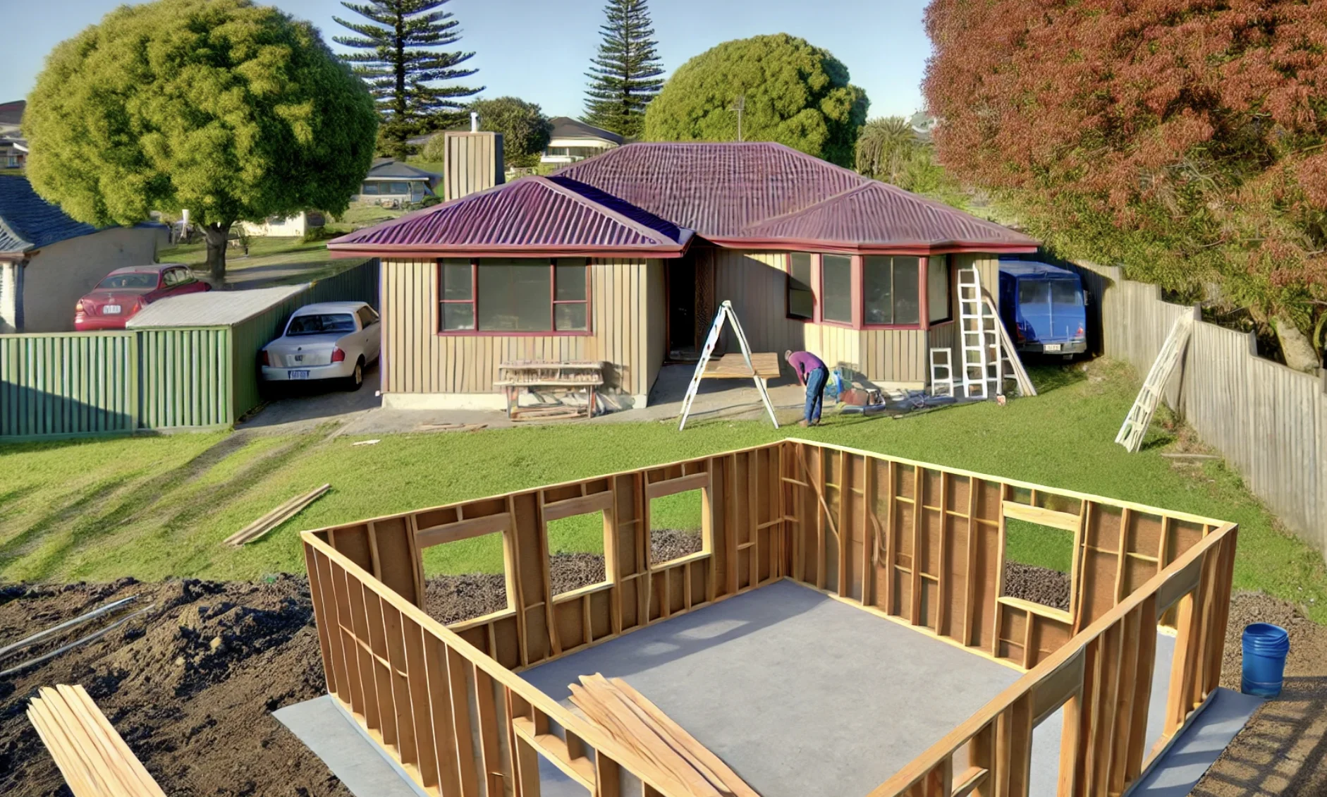 AI generated image of a granny flat being constructed behind a family home