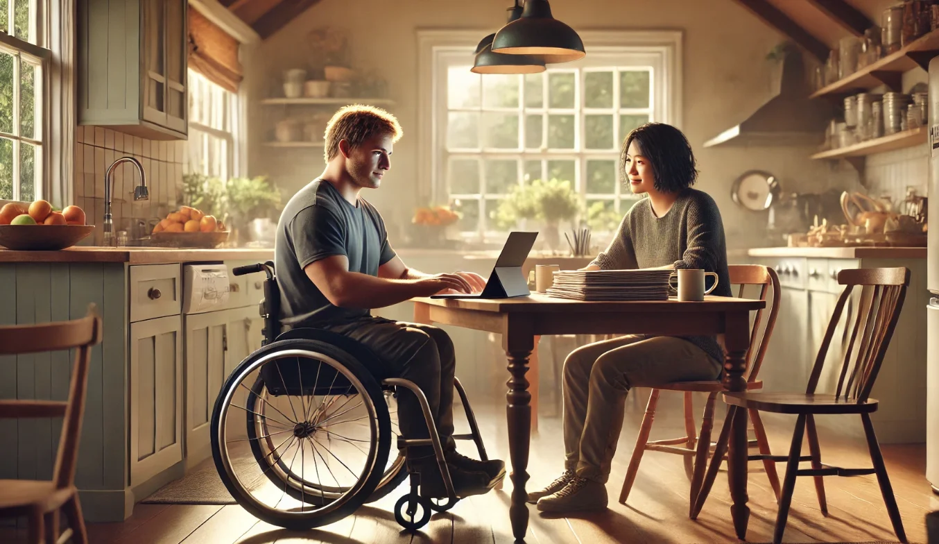 AI generated image of two adults sitting at the kitchen table, one in a wheelchair working on a laptop