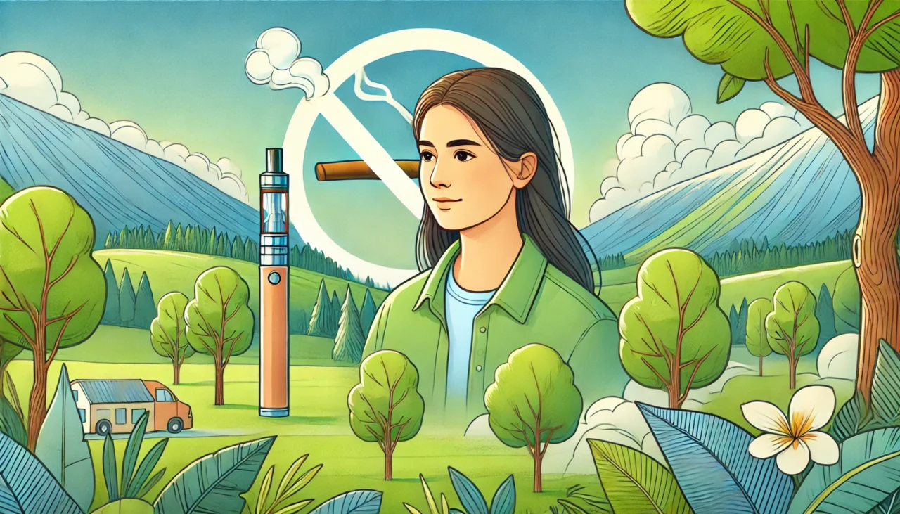 AI generated Illustrated image of a young woman's torso in a green field with a large vape to her left and a smokefree logo behind her