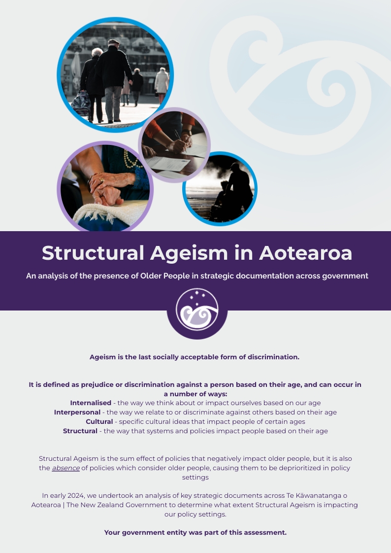 Cover of a report titled 'Structural Ageism in Aotearoa', featuring images of older people and a summary of the context of the report.