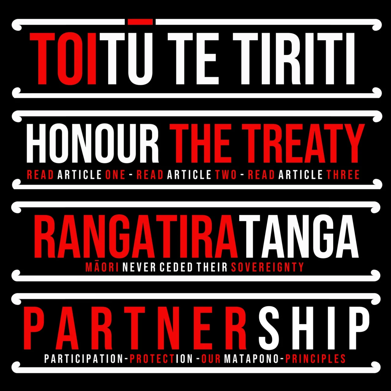 Black background with white and red writing stating "Toitū Te Tiriti, Honour the Treaty, Read Article One, Read Article Two, Read Article Three, Rangatiratanga (Māori never ceded their sovereignty), Partnership (Participation, protection, our matapono, principles) Honour the