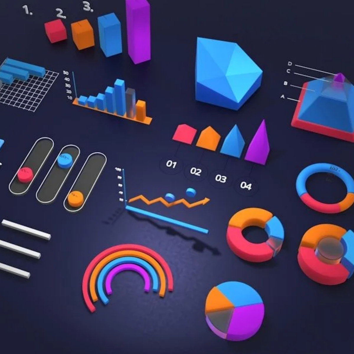 Coloured data analytics graphics on black background