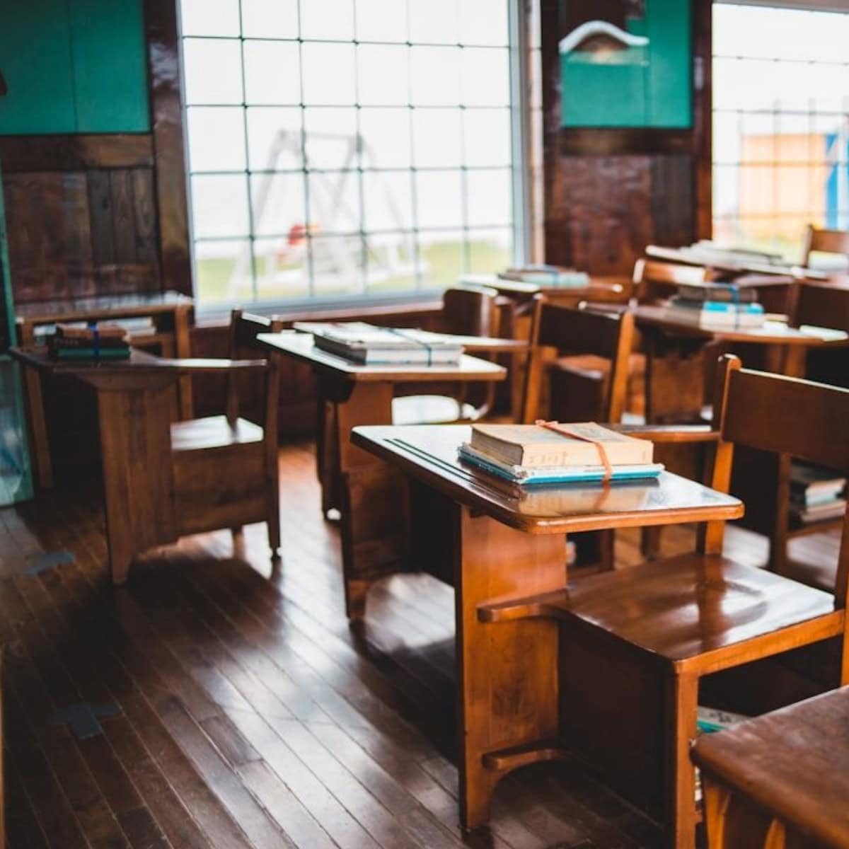 Classroom with wooden desks