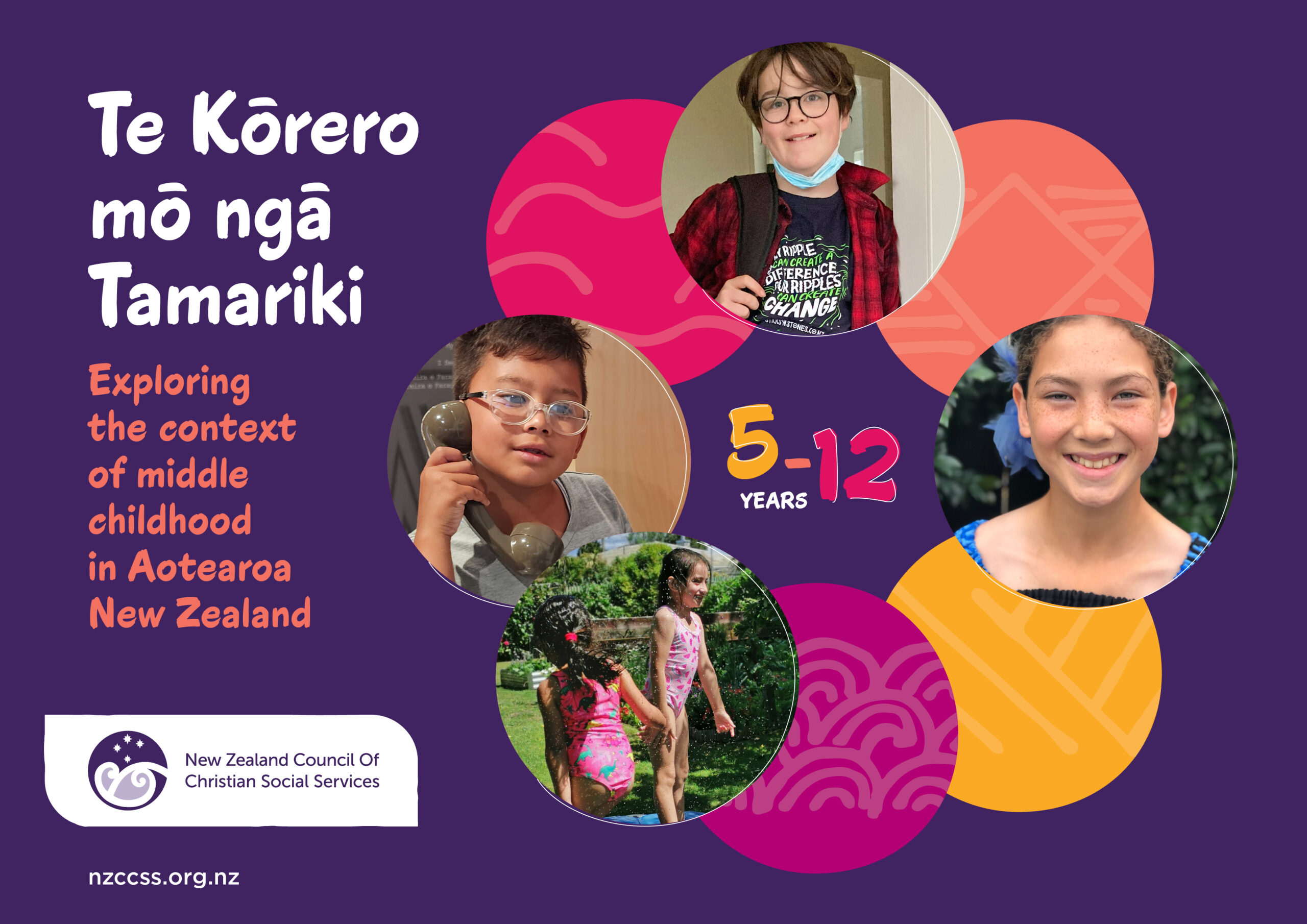The cover of the report, using bright and contrasting colours and featuring the title, the NZCCSS logo and pictures of happy kids in middle childhood.
